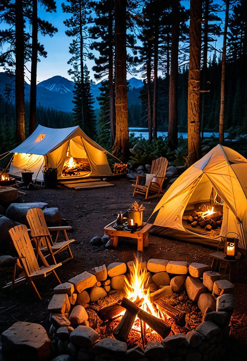 A picturesque campsite surrounded by majestic mountains and tall pine trees, with a cozy, crackling campfire at the center. Marshmallows roasting on sticks and a starry night sky above create a magical atmosphere. Include a classic tent adorned with fairy lights and a basket filled with s'mores ingredients nearby. Emphasize the warmth of the campfire and the joy of gathering with friends and family. vibrant colors. super-realistic.