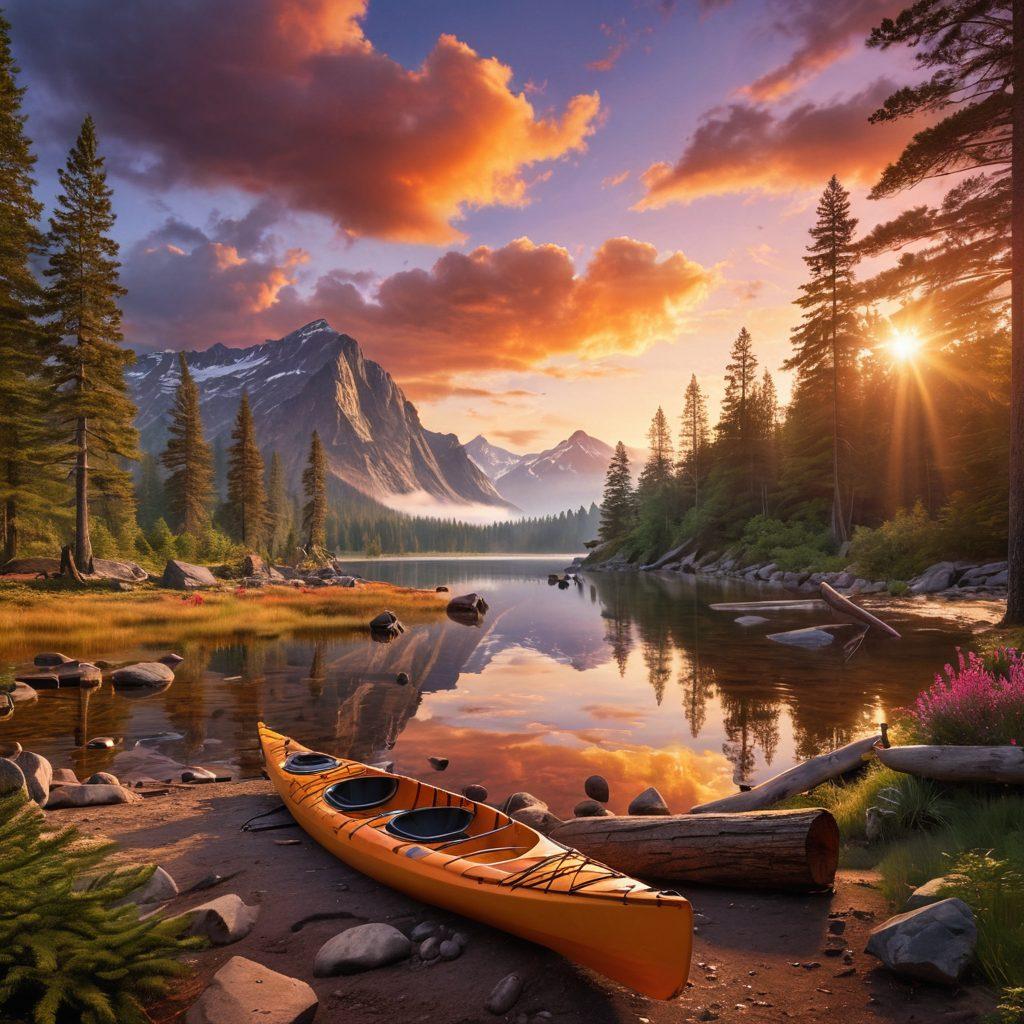 A stunning landscape featuring a serene forest with tall pine trees, a shimmering lake reflecting the mountains, and a cozy camping setup with a glowing campfire, along with people enjoying various outdoor activities like hiking and kayaking. The sky is painted with vibrant sunset hues of orange and purple, evoking a sense of adventure and tranquility. super-realistic. vibrant colors. 3D.