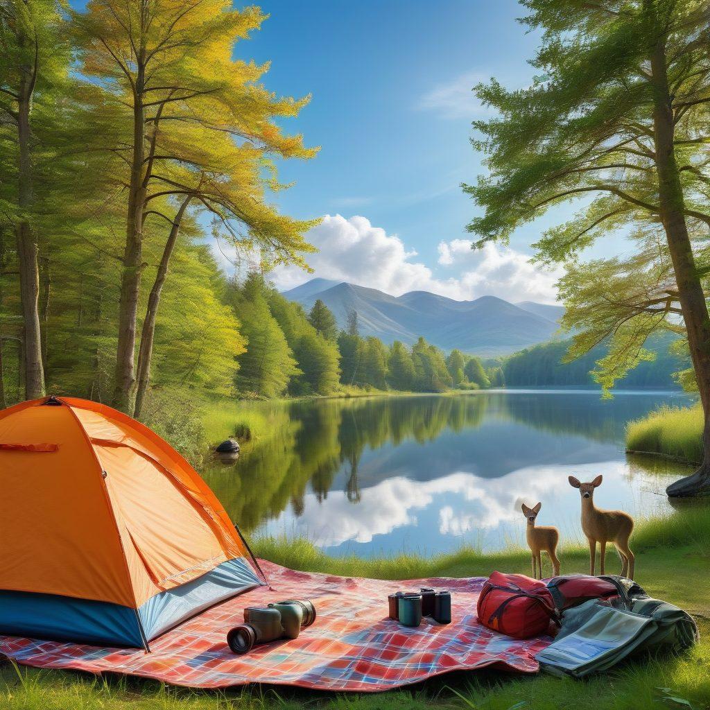 A picturesque family camping scene showcasing essential outdoor tools like a compass, map, and multi-tool, surrounded by lush wilderness. Children exploring with binoculars, while parents set up a vibrant tent under a bright sky. Include a serene lake in the background, inviting adventure and discovery. Incorporate elements of wildlife such as a deer peeking through the trees. super-realistic. vibrant colors. outdoor theme.